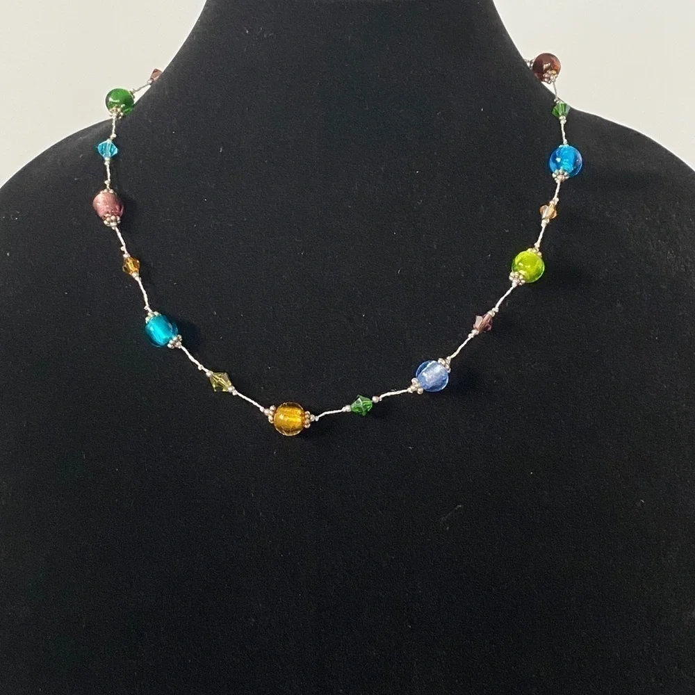 Necklace Glass Beads Silver Tone Chain 18.5” +3”